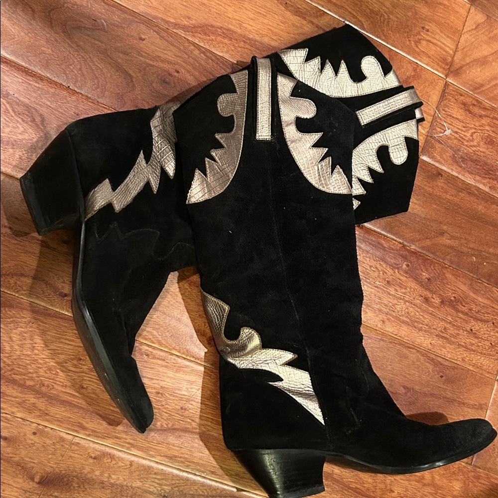 Vintage Nine West Western Boots: Black Suede & Gold Lizard Print Size 7.5